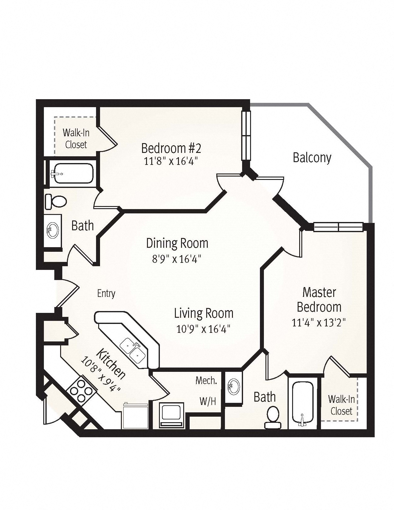 Floor plan for 2 beds, 2 baths, 1106 sqft
